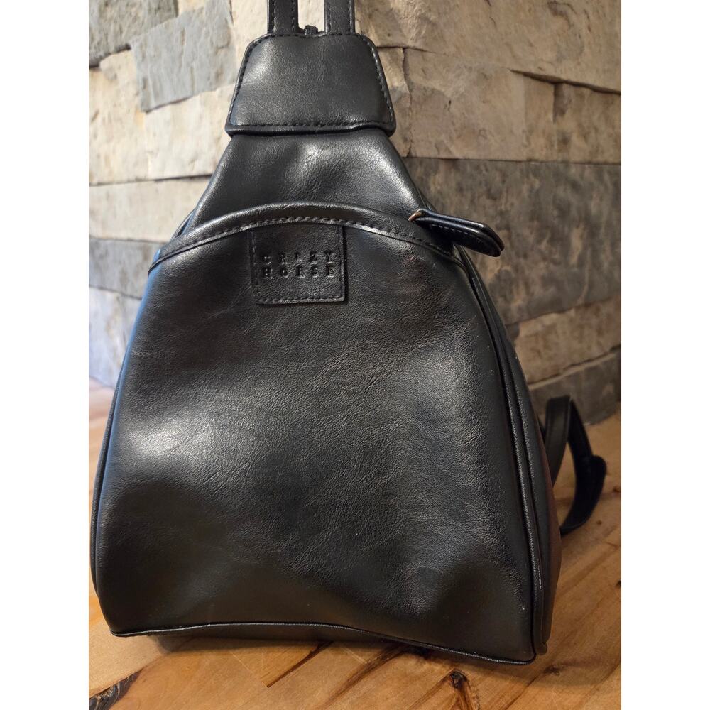 Vintage 1990s Liz Claiborne "Crazy Horse" black slingback mini backpack purse.